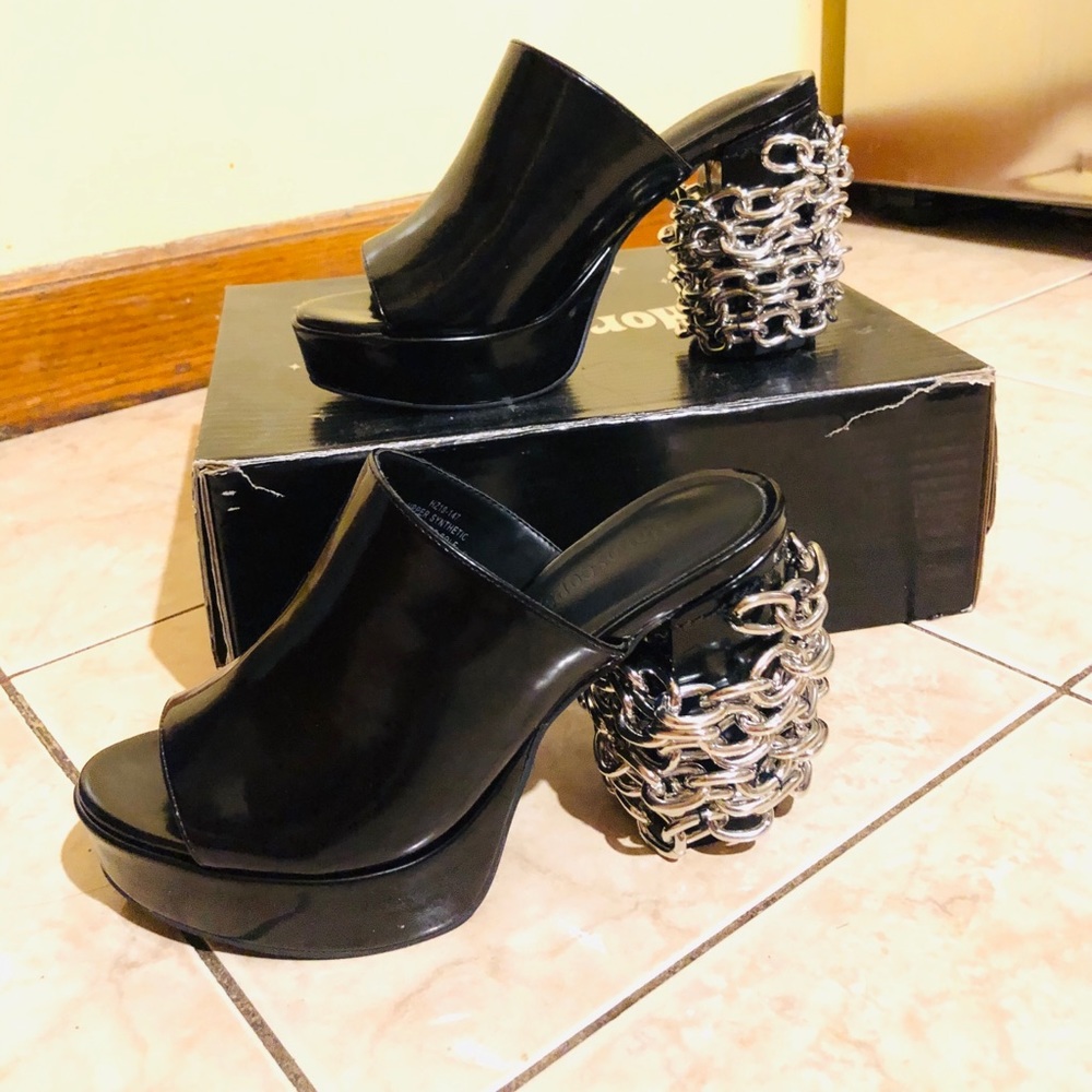 Dolls Kill Black Mule Leather Chunky Thick Heels